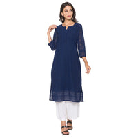 ZOLA Exclusive Georgette Round Neck with 3/4Th Sleeves and Calf Length Luckhnowi Chikan Kari Kurta with Button Placket On Yolk Ethnic Wear Straight Kurta for Women