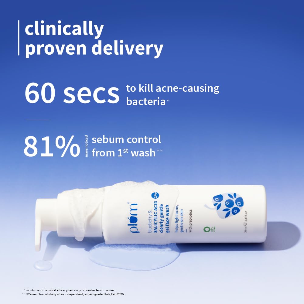 Plum 1% Salicylic Acid Clearly Gentle Gel Face Wash with Blueberry | Helps fight active acne | Gentle & non-drying | For oily, acne-prone skin | Beginner-friendly | All genders | 100% Vegan | 100 ml