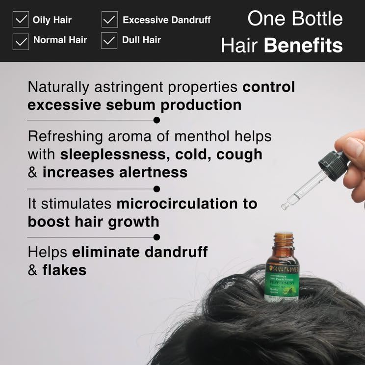 Soulflower Peppermint Essential Oil for Skin & Hair Growth, Hair Fall Control, Scalp |100% Pure & Natural Therapeutic Grade, Undiluted, Ecocert Cosmos Organic Certified, Mentha Piperita |10ml