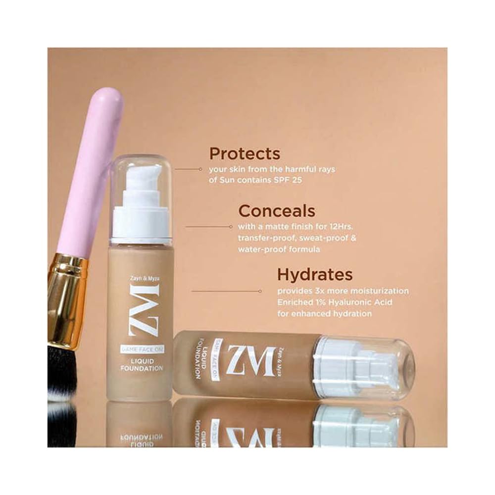 ZM Game Face on Liquid Foundation 12hour Long-lasting | Smudge-Proof | Transfer Proof | SPF 25 (Almond)