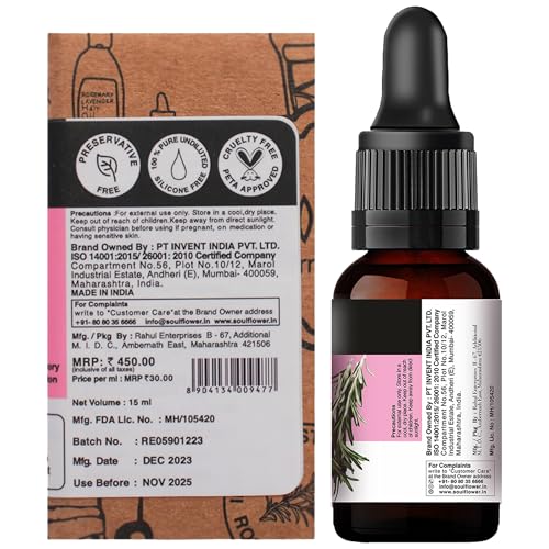 Soulflower Rosemary Essential Oil for Hair Growth, Hair Fall Control & Nourishment, Skin Care | 100% Pure, Natural, Undiluted Clinically Tested & Ecocert Organic Certified | 15ml each (Pack of 3)