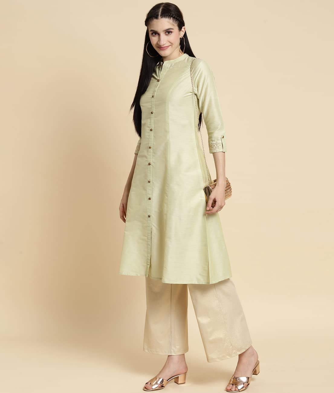 rangita Women Solid Embroidered Calf Length A Line Kurti with Sleeves Tabs
