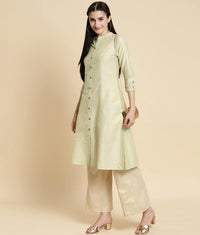 rangita Women Solid Embroidered Calf Length A Line Kurti with Sleeves Tabs