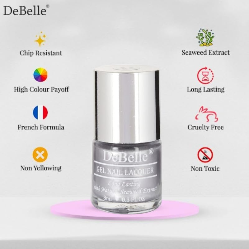 DeBelle Gel Nail Polish Chrome Silver (Metallic Silver Nail Paint)|Non UV - Gel Finish |Chip Resistant | Seaweed Enriched Formula| Long Lasting|Cruelty and Toxic Free| 8ml