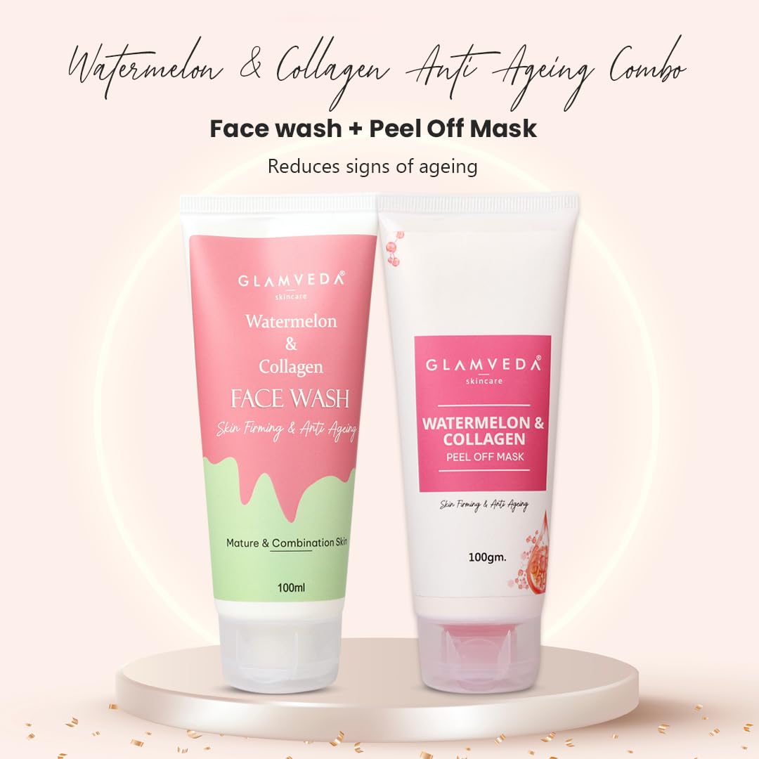 Glamveda Watermelon & Collagen Anti Ageing Combo | Reduces signs of ageing | Skin firmimg, Clarifies skin | Gives radiant glow | Face wash & Peel Off Mask Combo