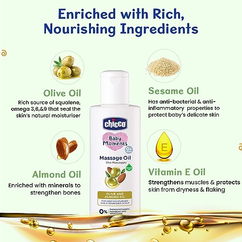 Chicco Baby Moments Massage Oil, New Advanced Non-sticky & Moisturizing Formula with Natural Ingredients to Prevent Dryness, Suitable for Baby’s Skin, Hair & Scalp, No Phenoxyethanol & Parabens (100ml)