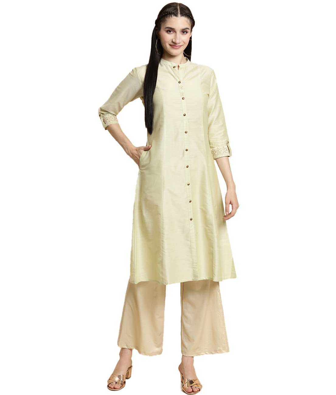 rangita Women Solid Embroidered Calf Length A Line Kurti with Sleeves Tabs