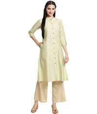 rangita Women Solid Embroidered Calf Length A Line Kurti with Sleeves Tabs