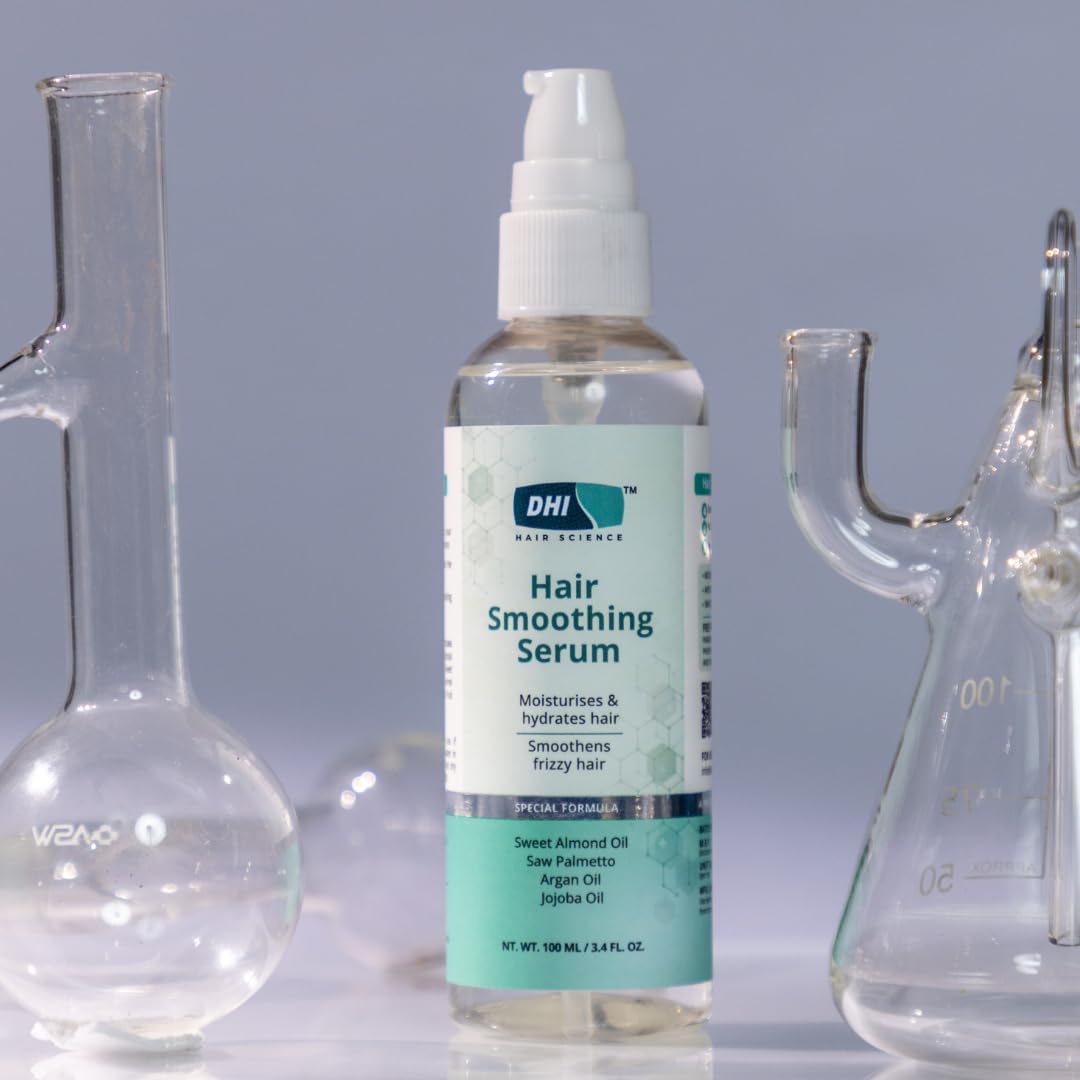 DHI Smoothing Hair Serum For Dry & Frizzy Hair | Moisturises & Hydrates Hair | Smoothness Hair Texture | Enriched with Sweet Almond Oil, Saw Palmetto, Argan Oil & Jojoba Oil | Antioxidant Properties | For Men & Women | Sulphate & Paraben Free | 100 ml