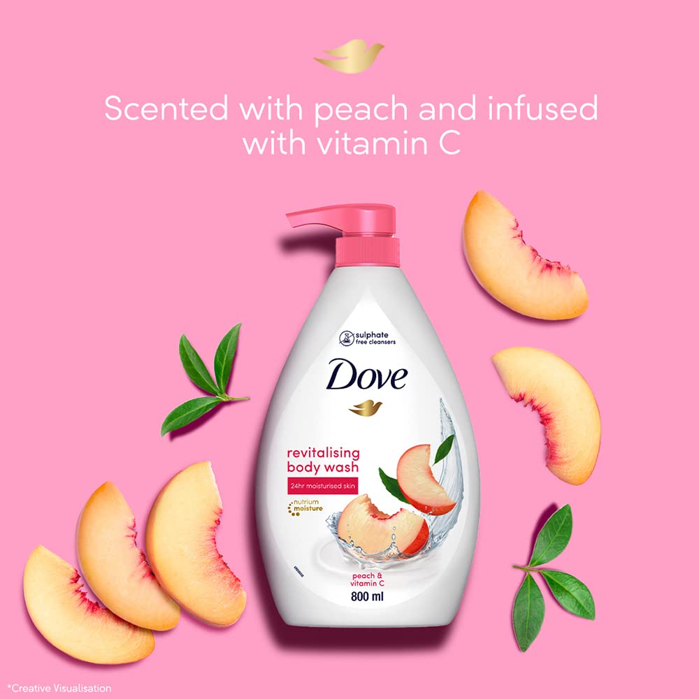 Dove Revitalizing Bodywash scented with peach and infused with Vtamin C to hydrate your skin, 100% gentle cleansers, paraben free/sulphate free cleansers, 100% plant- based moisturisers, 800ml