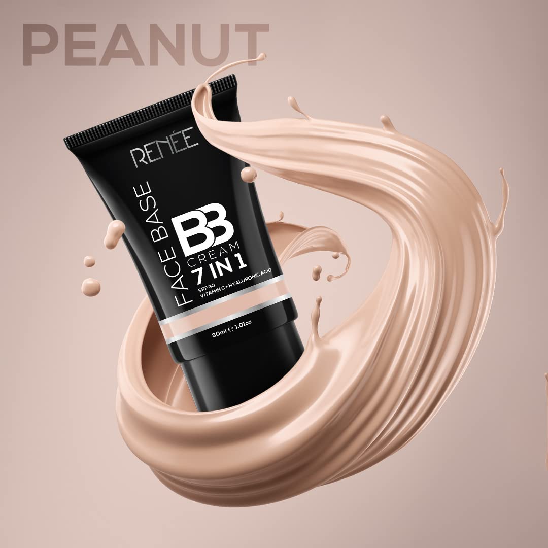 RENEE Face Base BB Cream 7 in 1 with SPF 30 PA+++ Peanut 30ml| Enriched with Hyaluronic Acid & Vitamin C| Hydrates, Nourishes & Smoothens Skin
