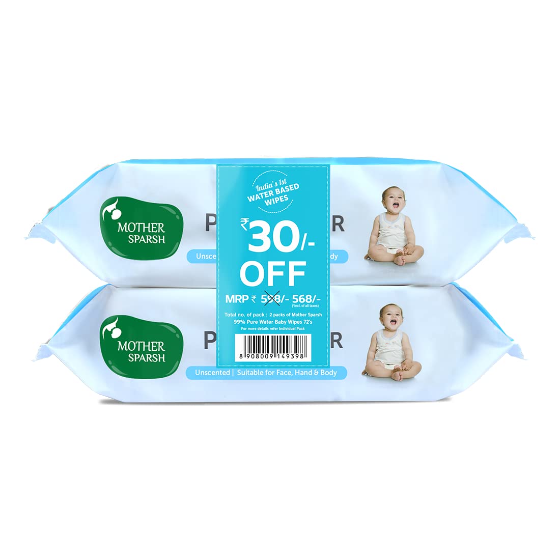 Mother Sparsh 99% Pure Water (Unscented) Baby Wipes with Lid I Natural Plant made cloth - Super thick Wet Wipes I 72 pcs/pack - Pack of 2 (Super Saver Pack)