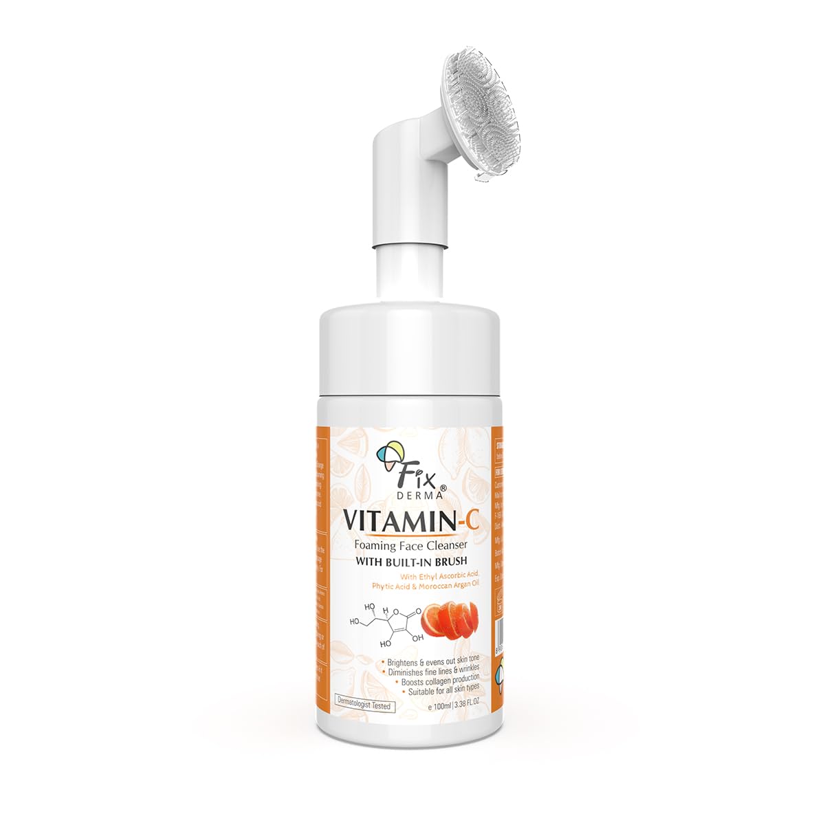Fixderma 2% Vitamin C Face Wash, Foaming Face Cleanser with Brush, Face wash for Women & Men, Evens skin tone, Reduces fine lines & wrinkles, Exfoliates the skin - 100ml