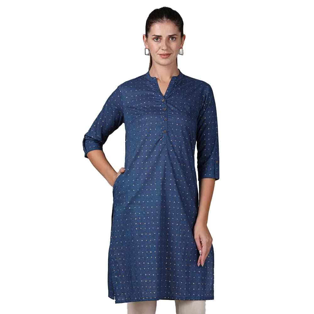 in. fuse by Shoppers Stop Mandarin Neck Printed Cotton Women Straight Fit Kurta