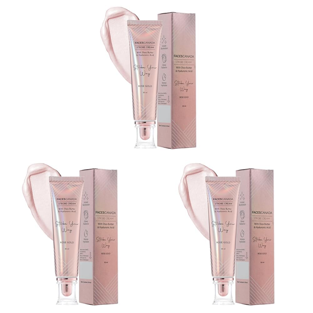 FACESCANADA Strobe Cream - Rose Gold,30Ml|Primer + Highlighter + Moisturizer|Shea Butter & Hyaluronic Acid|Intense Hydration|Flawless Radiant Dewy Skin|Illuminating & Glowing Makeup Base,3 Pieces