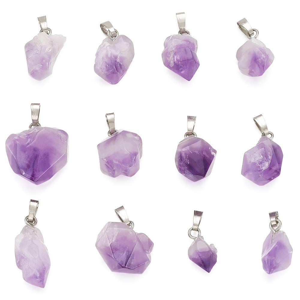 FASHEWELRY 20Pcs Natural Irregular Amethyst Rock Stone Pendants Healing Crystal Chakra Gemstone Charms for Jewelry Making Hole: 5x2.5mm 2-Purple Amethyst-Nugget