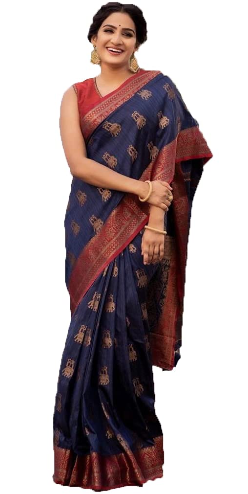 NK Textiles Women's  Elephant Motifs Woven Kanjivaram Ghicha Tussar Silk Saree with Fancy Tassels