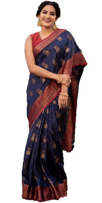 NK Textiles Women's  Elephant Motifs Woven Kanjivaram Ghicha Tussar Silk Saree with Fancy Tassels