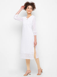 ZOLA Exclusive Georgette Round Neck with Full Sleeves and Calf Length Luckhnowi Chikan Kari Kurta with Button Placket on Yolk Ethnic Wear Straight Kurta for Women Pack of 1