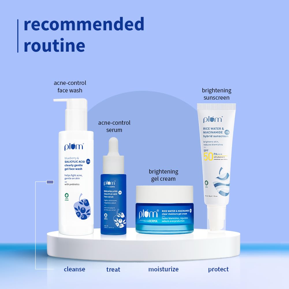 Plum 1% Salicylic Acid Clearly Gentle Gel Face Wash with Blueberry | Helps fight active acne | Gentle & non-drying | For oily, acne-prone skin | Beginner-friendly | All genders | 100% Vegan | 100 ml