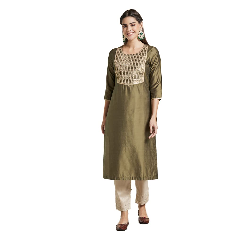 Kashish Women's  Viscose Embroidered Round Neck Straight Fit Kurta