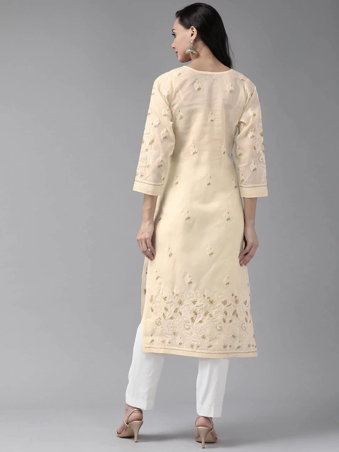 Ada Hand Embroidered Lucknowi Chikankari Straight Cotton Kurti Kurta for Women A220999 White 2XL