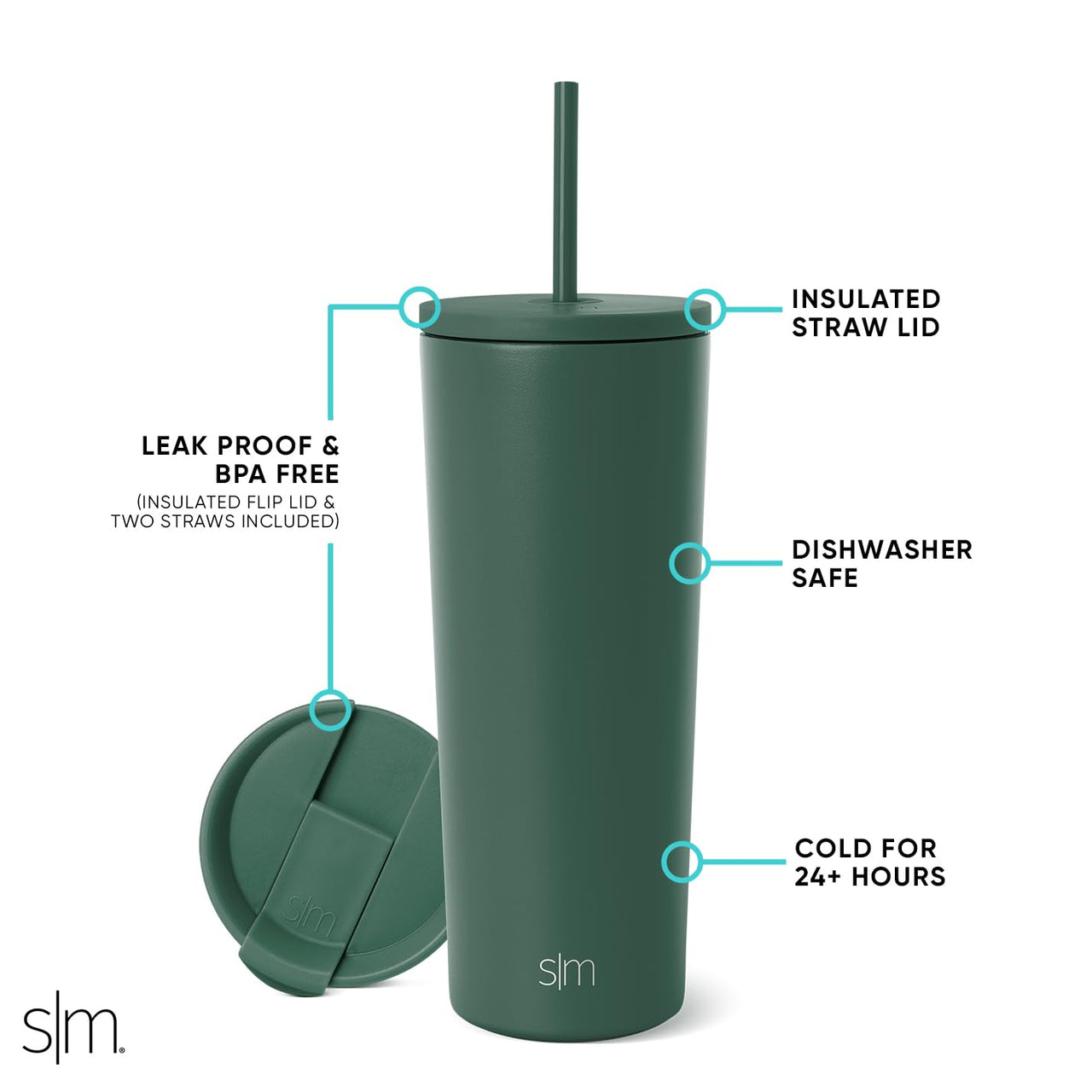 Simple Modern Insulated Tumbler with Lid and Straw | Iced Coffee Cup Reusable Stainless Steel Water Bottle Travel Mug | Gifts for Women Men Her Him | Classic Collection | 24oz | Forest -Forest