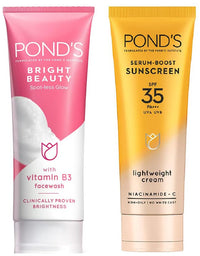 POND's  Serum Boost Sunscreen Prevent And Fade Dark Patches & Ponds Bright Beauty Spotless Glow Facewash For Sensitive Skin With Vitamin SPF 35 B3 100G Combo, Pack Of 1