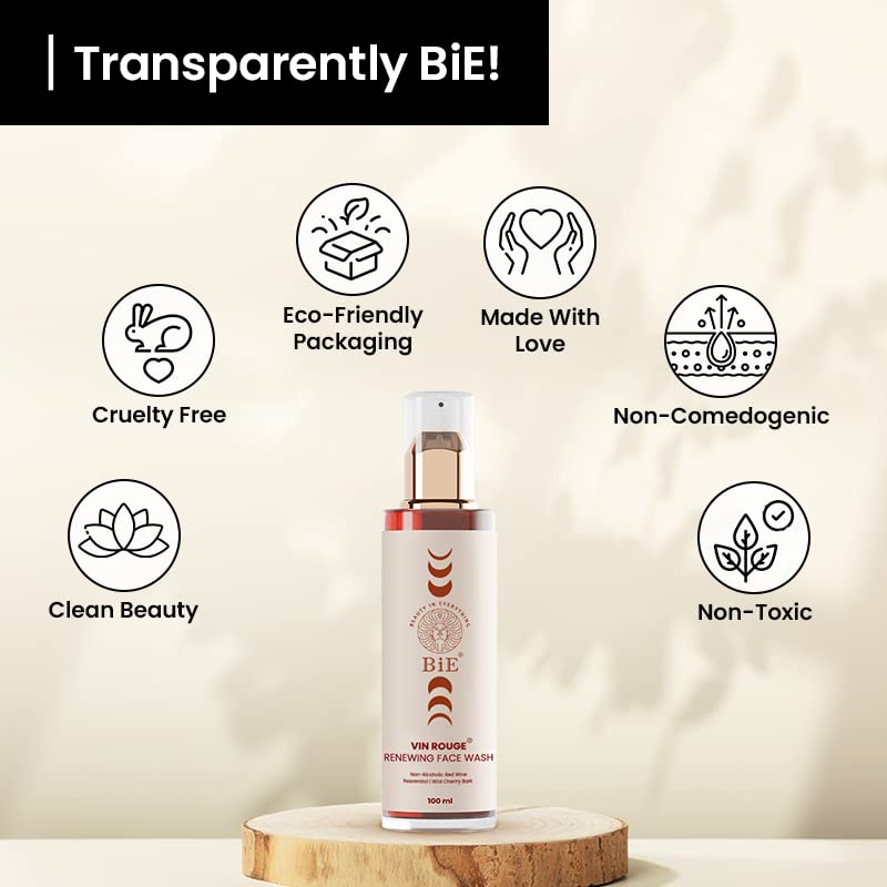 BiE Vin Rouge Renewing Face Wash with Non Alcoholic Red Wine, Resveratrol, Vitamin E & Wild Cherry Bark | Cleanser For Hydration, Glow & Anti-Aging | Mild & Foaming Face Wash | All Skin Types | 100ml