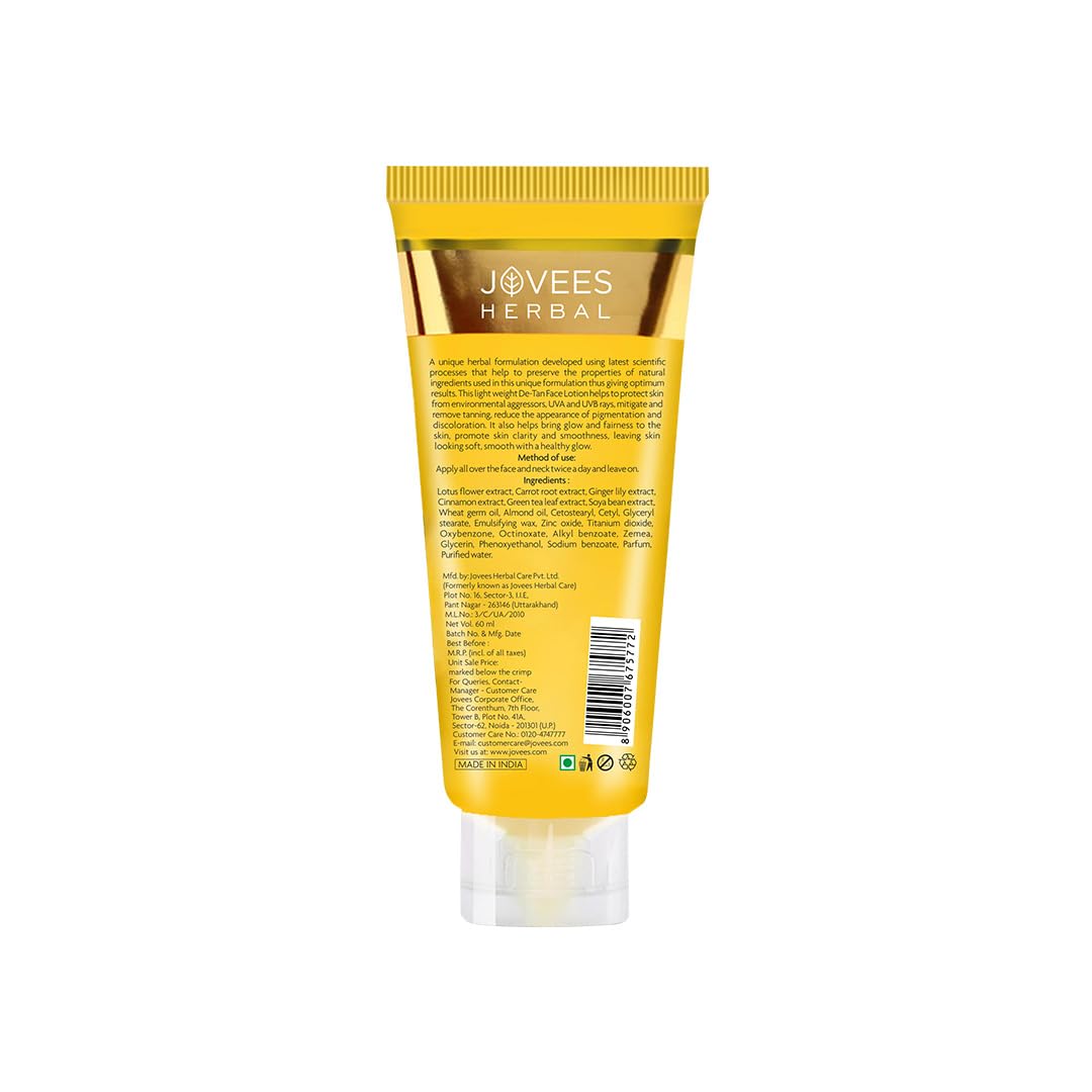 Jovees Herbal De-Tan Lotion SPF 40 PA++ For Hydrated and Glowing skin | Lightweight UVA/UVB Protection | Prevents Tanning and Pigmentation | All Skin Type 60ml
