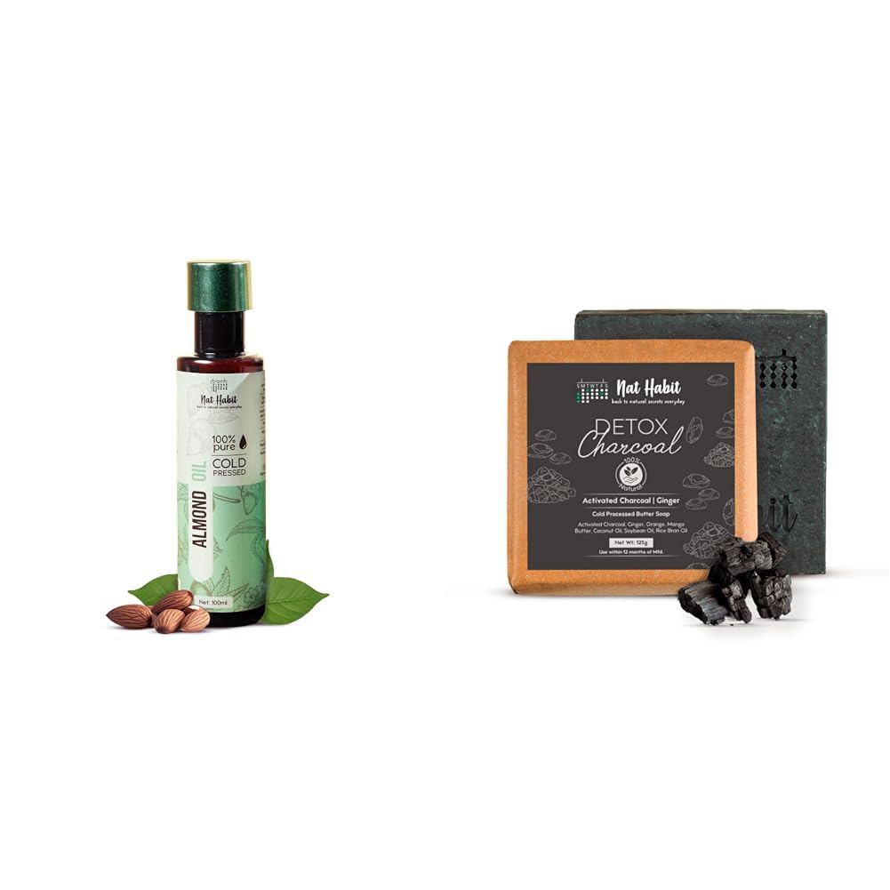 Nat Habit Cold Pressed Oil Combo Almond Oil 100 ml & Detox Charcoal Soap For Deep Detox of Dust, Toxins, Dead Cells & Hair Care