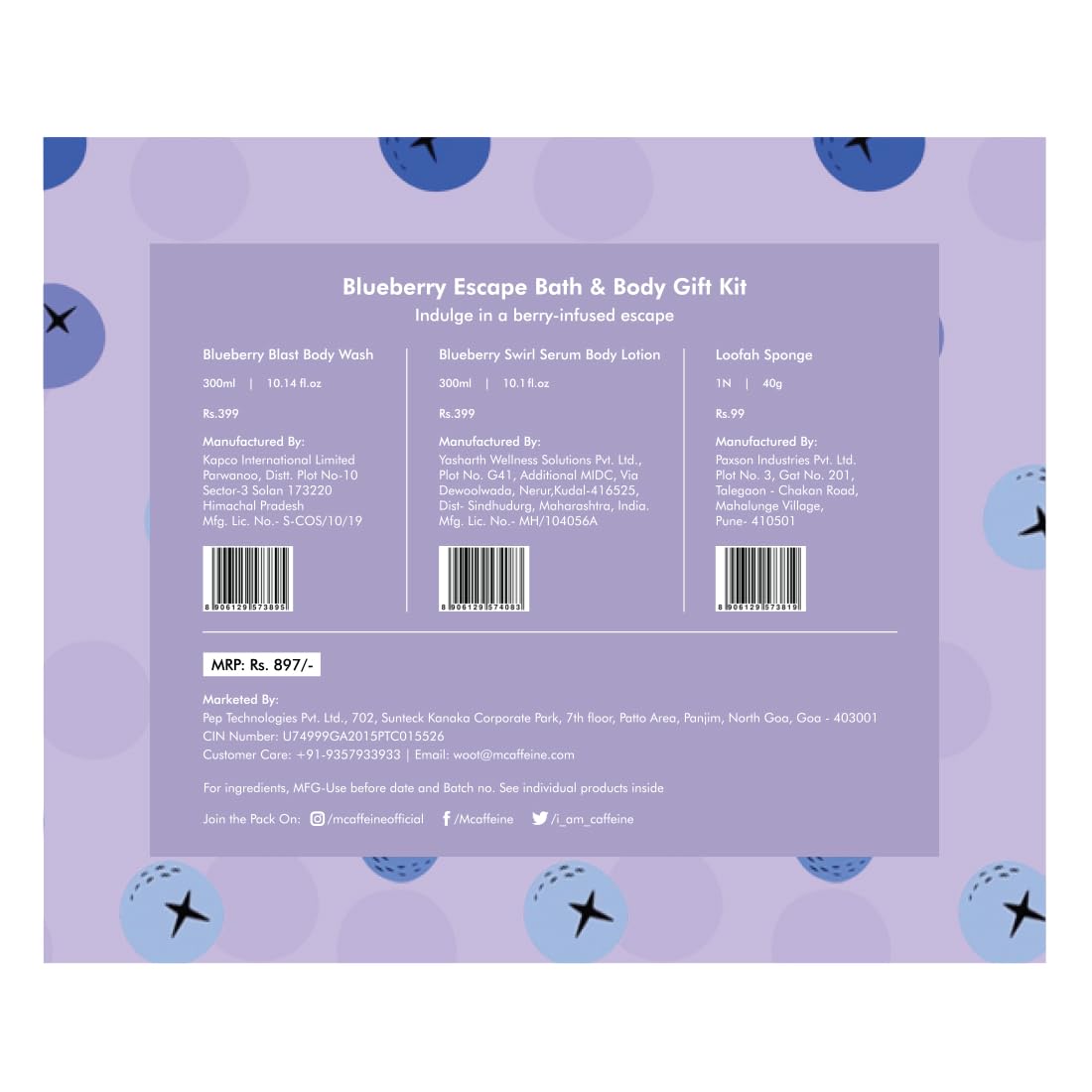 mcaffeine Blueberry Escape Bath & Body Gift Kit|Body Wash, Body Lotion, Teal Loofah|Gift Set For Men And Women|Pampering Kit For Birthday, Anniversary & All Special Occasions| 100% Vegan