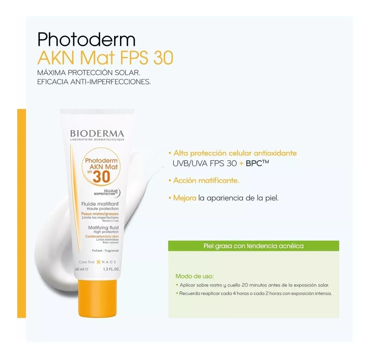 Bioderma Photoderm AKN Mat SPF 30 Mattifying Anti-Blemish Sunscreen Combination Acne-Prone Skin. 40ml