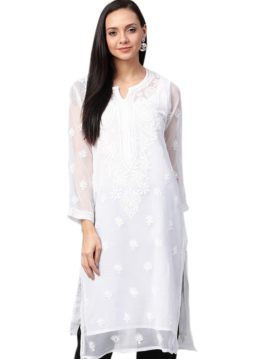 Ada Lucknowi Hand Embroidered Chikankari Women's  Georgette Kurta Kurti with Slip