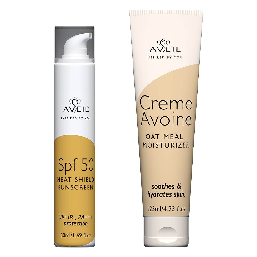 AVEIL Creme Avoine Moisturiser 125 Ml & Heat Shield SPF 50 Gel Sunscreen 50 ml Combo Pack For Soothing & Hydrating | Paraben & Paraffin Free | Dermatologically Tested For All Skin Types