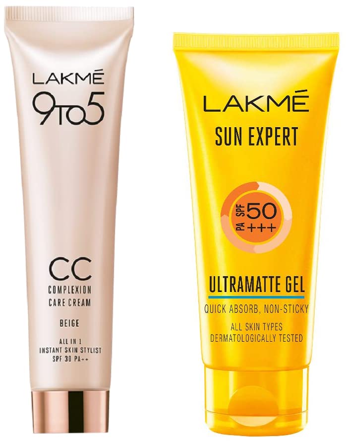 Lakmé Sun Expert SPF 50 Gel, 100 g & 9 To 5 Complexion Care Face CC Cream, Beige, SPF 30, Conceals Dark Spots & Blemishes, 30 g