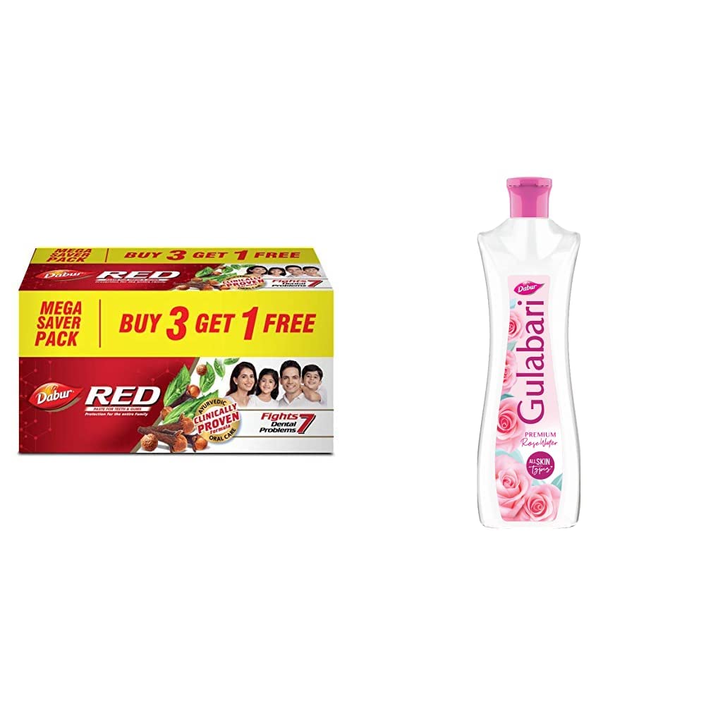 Dabur Red Paste - India's  No.1 Ayurvedic Paste, Provides Protection Plaque Removal, Toothache, Yellow Teeth, Bad Breath- 600g (150gm*4) & Dabur Gulabari Premium Rose Water – Natural, 400 ml