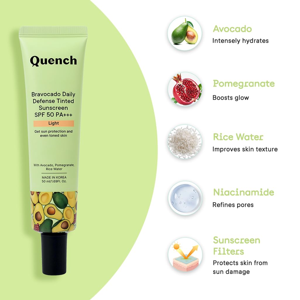 QUENCH BOTANICS Quench Daily Defense Tinted Sunscreen SPF 50 PA+++ for Glowing Skin with Avocado & 2% Niacinamide | Normal Blue Light Protection | Satin-Matte Finish | Made in Korea (Light, 50ml)