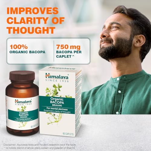 Himalaya Organic Bacopa (Brahmi) I For Mental Alertness I Improves Memory Score by 30%* I Supports Positive Mood I 100% Natural I 30 Veg Caplets