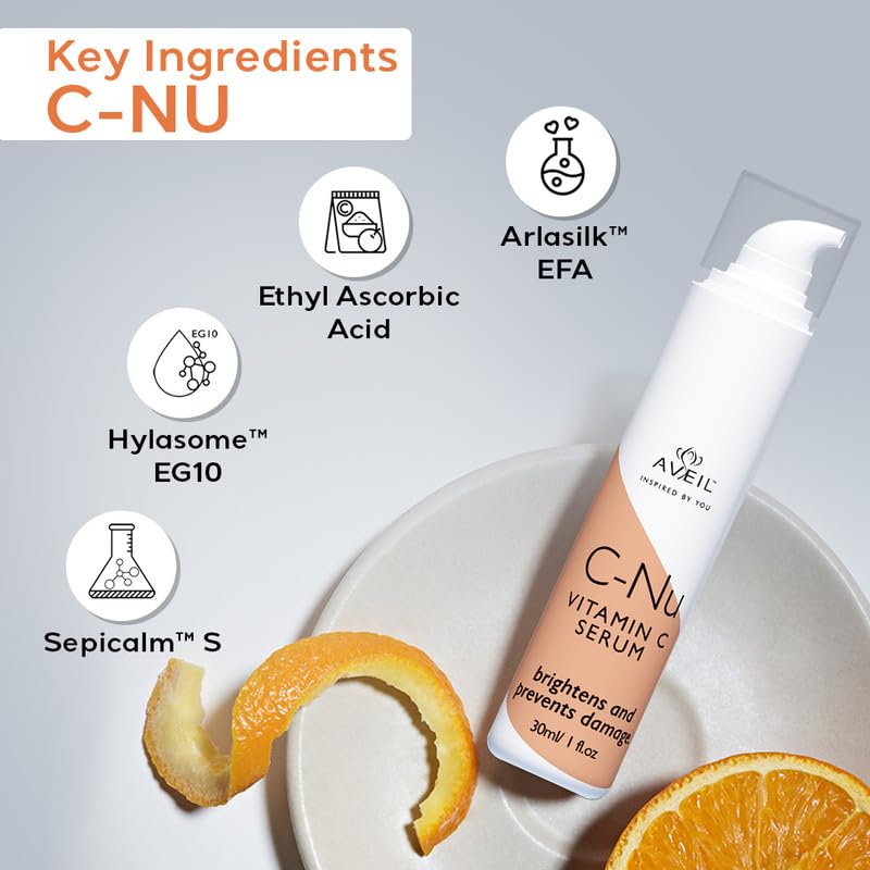 AVEIL C-Nu Vitamin C Face Serum - 30ml | Skin Rejuvenation | Hydrates & Improves Skin Texture | Vitamin C Face Serum for Radiant Glowing Skin | Lightens Hyperpigmentation & Dark Spots | All Skin Types