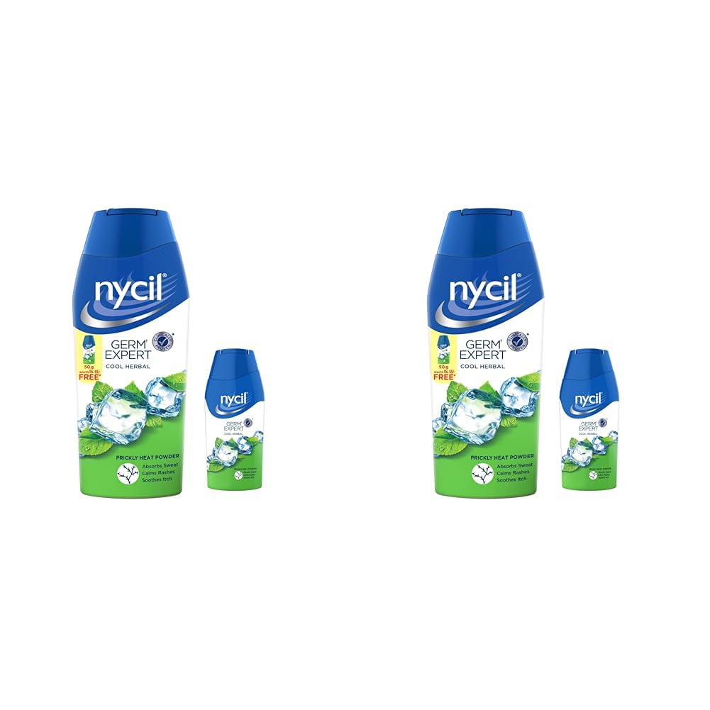 Nycil Germ Expert Cool Herbal Prickly Heat And Cooling Powder - 150 G + 50 G Free (Nycil Cool Herbal Powder) | Get Relief From Skin Problems (Pack of 2)