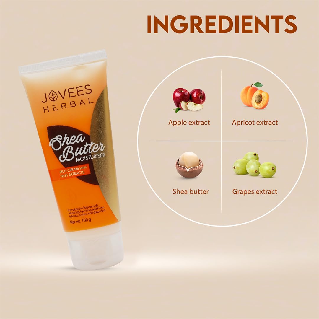 Jovees Herbal Shea Butter Moisturiser | With Shea Butter & Fruit Extracts | Reduces Skin Inflammation & Restores Hydration | For Normal & Dry Skin 100g
