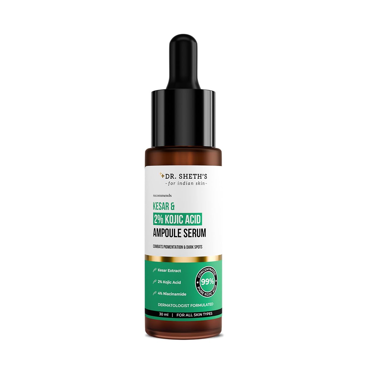 Dr. Sheth's Kesar & 2% Kojic Acid Ampoule Serum | For Glowing Skin | Daily Use Pigmentation Fighting Serum | For Dark Spots | For Men & Women | 30 ml