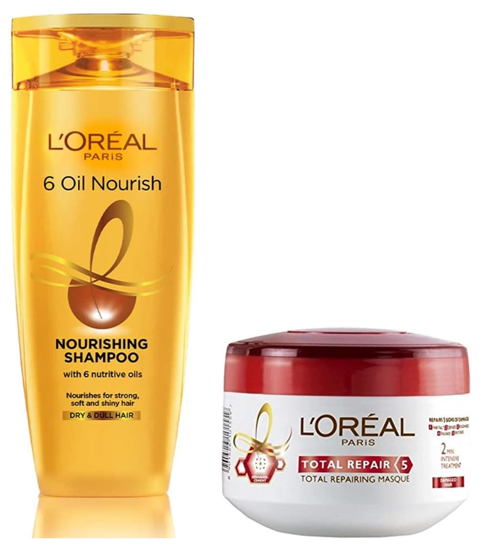L'Oreal Paris Hair Mask, For Damaged and Weak Hair, 200ml & L'Oreal Paris Shampoo, Moisturising & Hydrating, For Dull, Dry & Lifeless Hair, 6 Oil Nourish, 340 ml