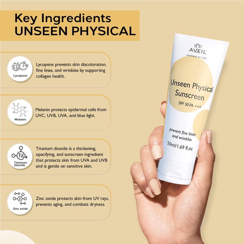 AVEIL All Skin Unseen Physical Sunscreen SPF 50 PA +++|50ml|UVA, UVB & Blue Light Protection|No White Cast|Water & Sweat Resistant|Hydrating Sunscreen|Prevents Fine Lines & Wrinkles|Pack of 1