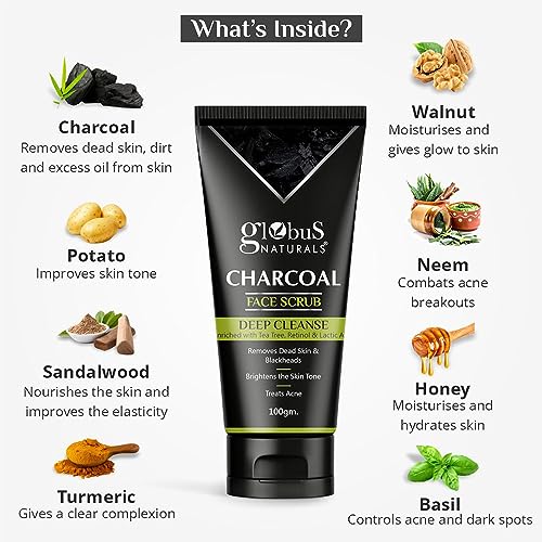 Globus Naturals Charcoal Face Scrub Enriched with Tea Tree, Retinol & Lactic Acid for Exfoliation, Acne & Blackhead Removal, 100 gm