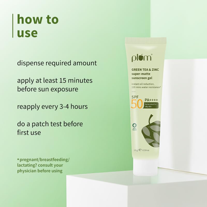 Plum Green Tea & Zinc Super-Matte Gel Sunscreen SPF 50 PA ++++ | Formulated for Oily, Combination and Acne Prone Skin | Protects & Controls Oil | Lightweight, No White Cast & Non-Sticky | Vegan | 15g