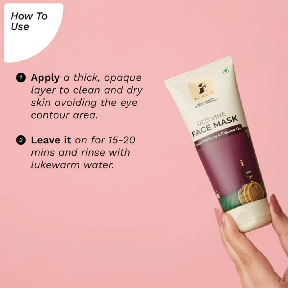 Pilgrim Anti Ageing Red Vine Face Pack & Mask Paste with Mulberry Extracts & Rosehip Oil for Glowing Skin, De-Tan, Dark Spots, Blackheads Removal, 100g