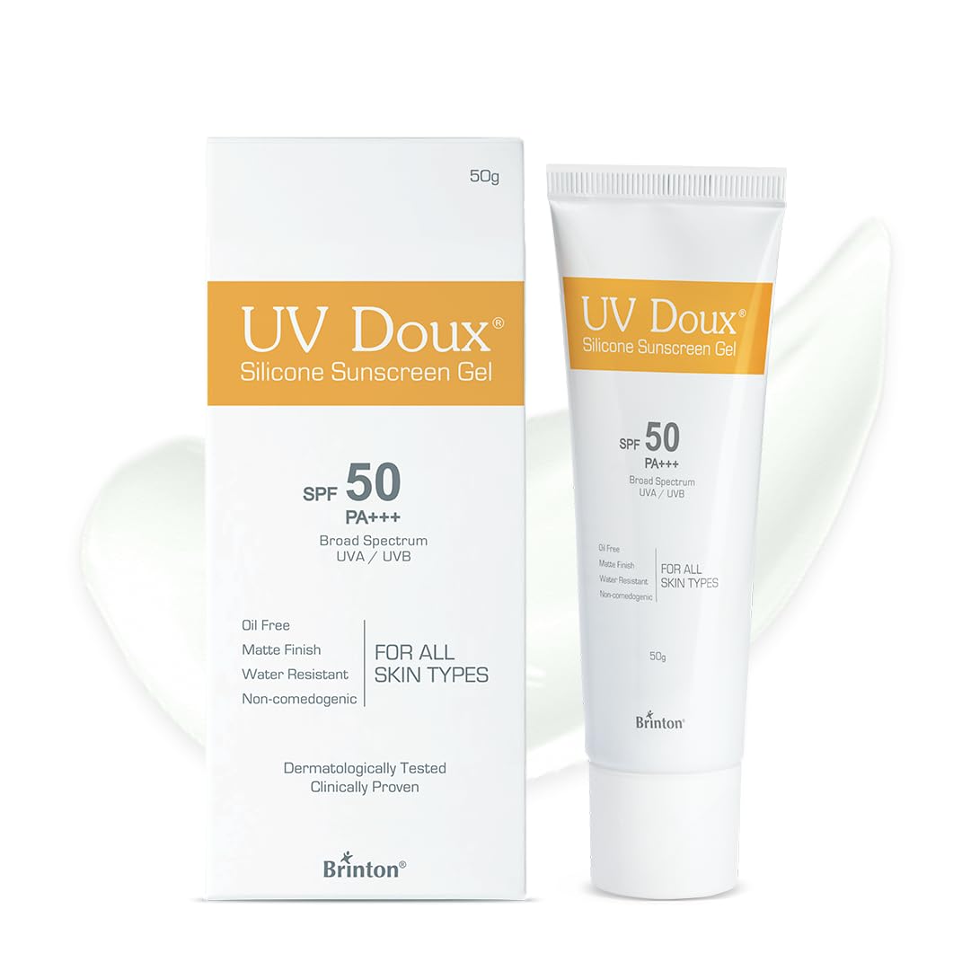 Brinton UV Doux Silicone Sunscreen Gel with SPF 50&PA+++ Broad Spectrum for Face & Body with No White Cast|Non Comedogenic,Paraben Free,Water Resistant|Clinically Proven & Dermatologist Approved,50gm