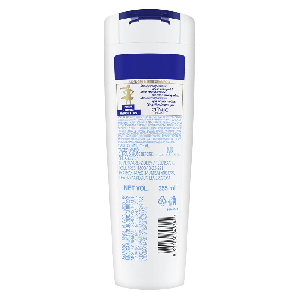 Clinic Plus Strength & Shine With Egg Protein Shampoo, 355 ml & Clinic Plus Strong & Extra Thick Shampoo With Milk Protein And Almond Oil For Hair Strengthening & Volume, 355ml